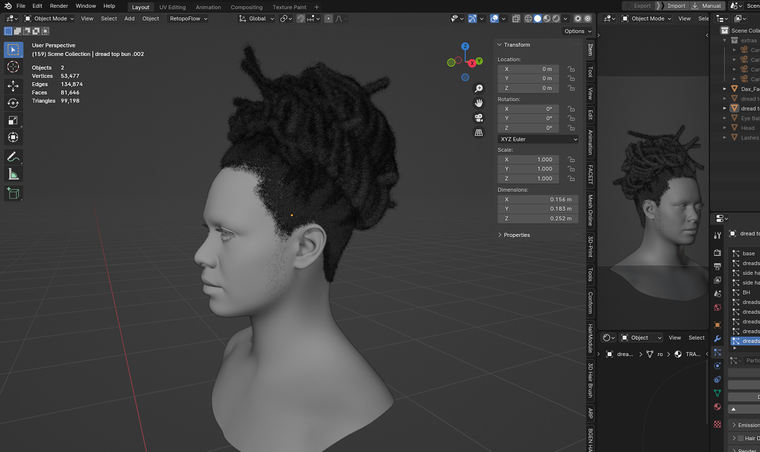 PixelHair ready-made Long Dreads Bun 3D hairstyle in Blender using Blender hair particle system