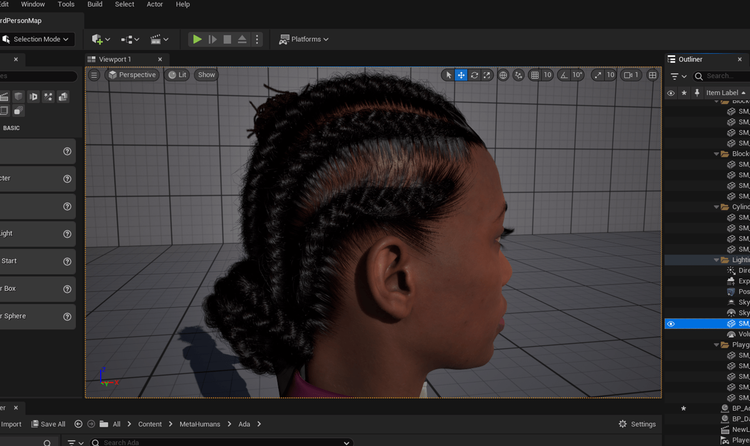 PixelHair ready-made Braids Bun 3D hairstyle on a metahuman in Unreal Engine 5