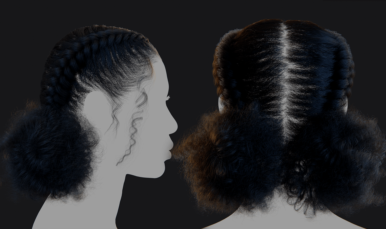 PixelHair ready-made Braids pigtail double bun 3D hairstyle in Blender using Blender hair particle system