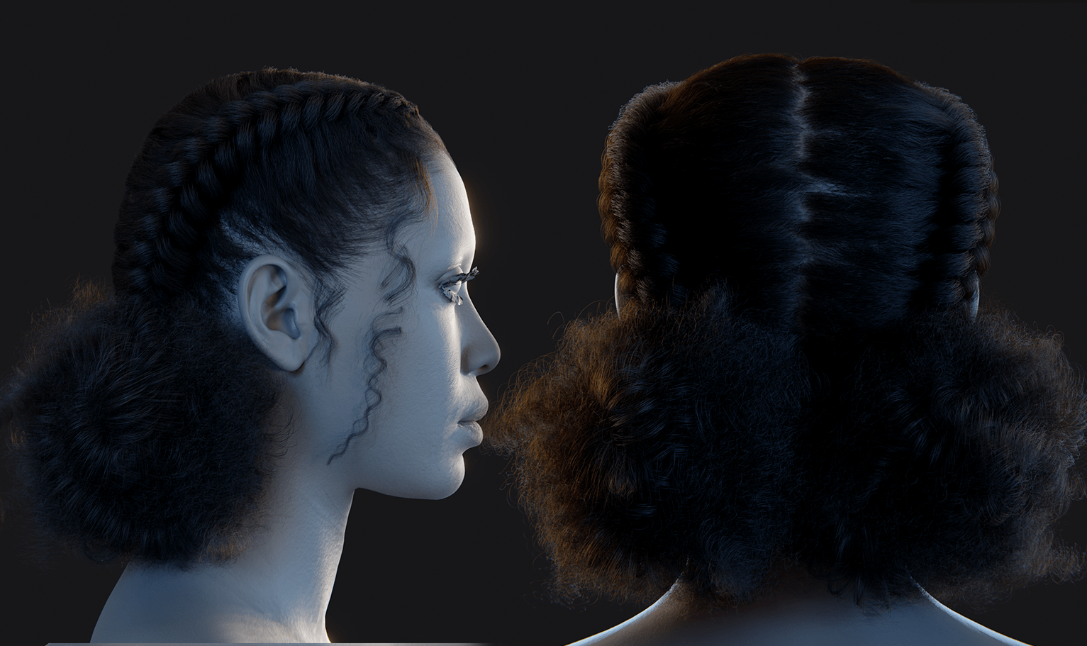 PixelHair ready-made Braids pigtail double bun 3D hairstyle in Blender using Blender hair particle system