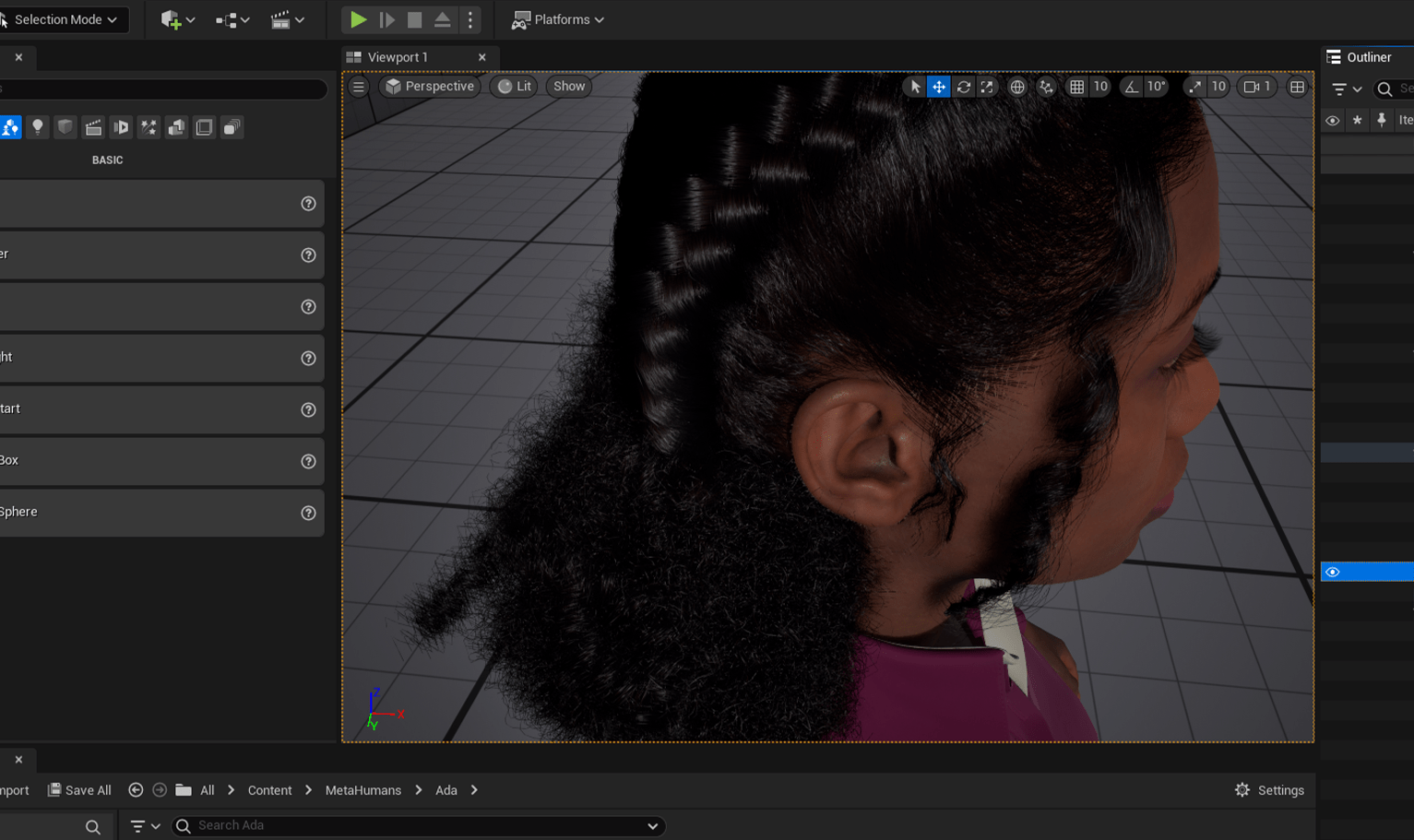 PixelHair ready-made Braids pigtail double bun 3D hairstyle on a metahuman in Unreal Engine 5