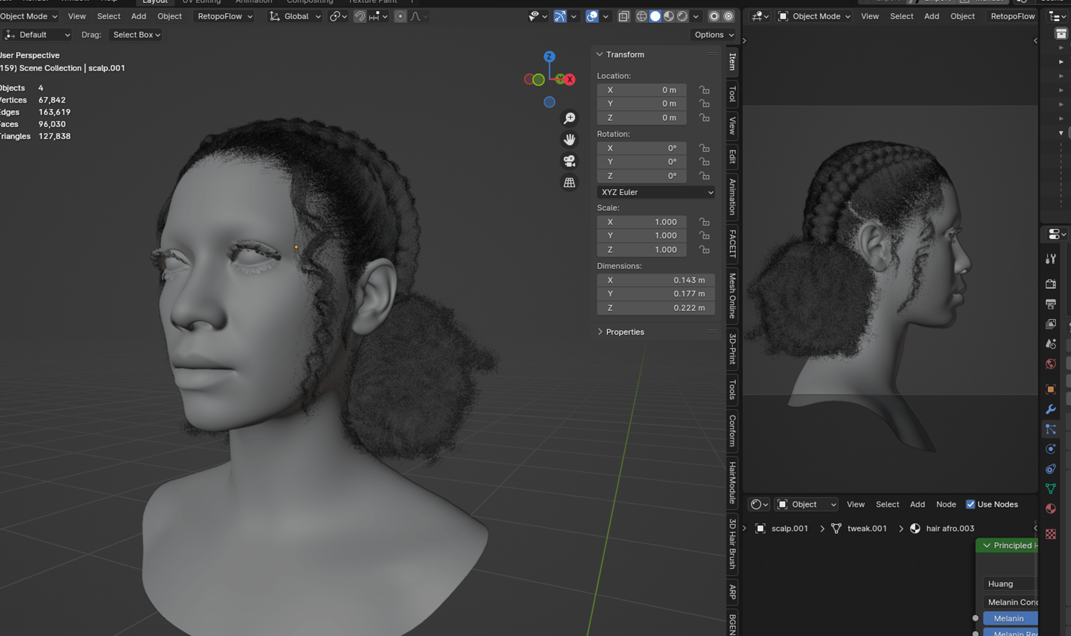 PixelHair ready-made Braids pigtail double bun 3D hairstyle in Blender using Blender hair particle system