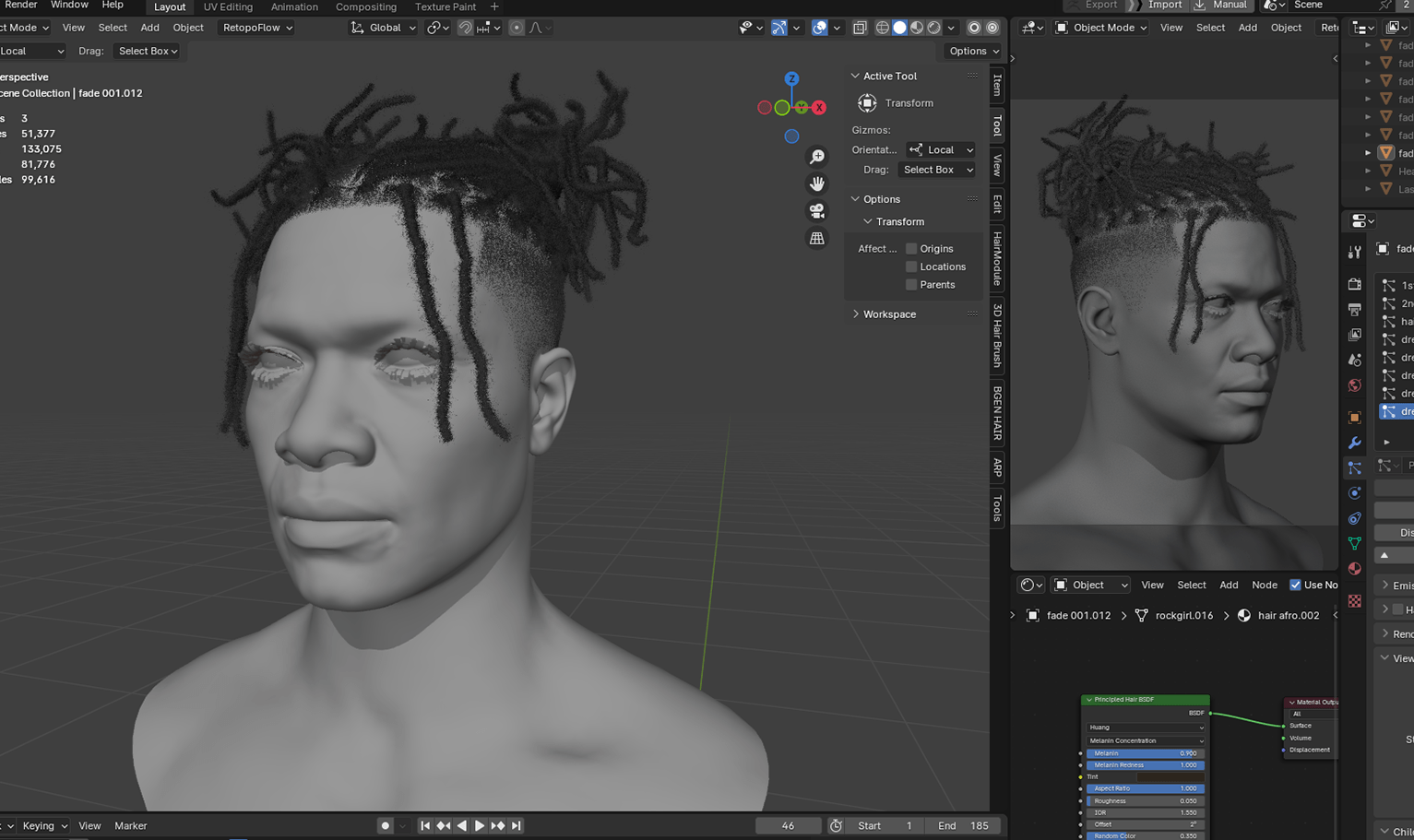 PixelHair ready-made dreads pigtail hairstyle in Blender using Blender hair particle system