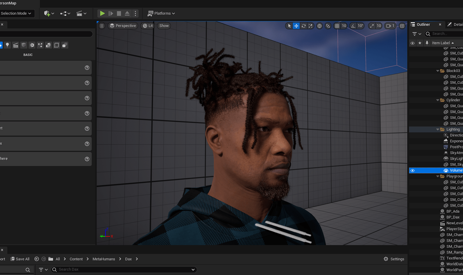 PixelHair ready-made dreads pigtail 3D hairstyle on a metahuman in Unreal Engine 5