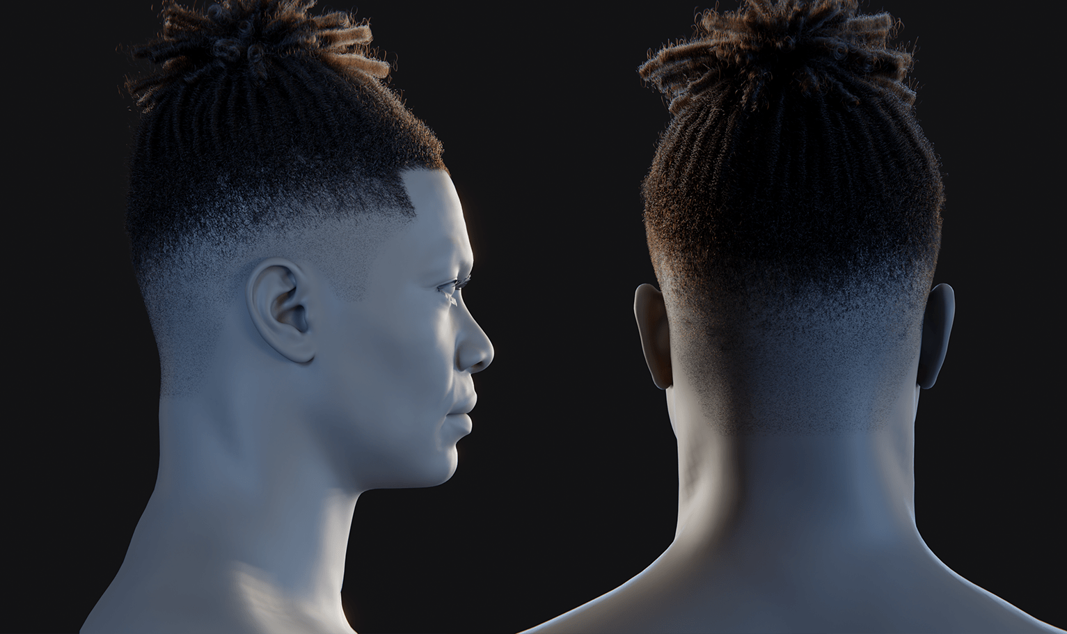 PixelHair ready-made top bun dreads fade 3D hairstyle in Blender using Blender hair particle system