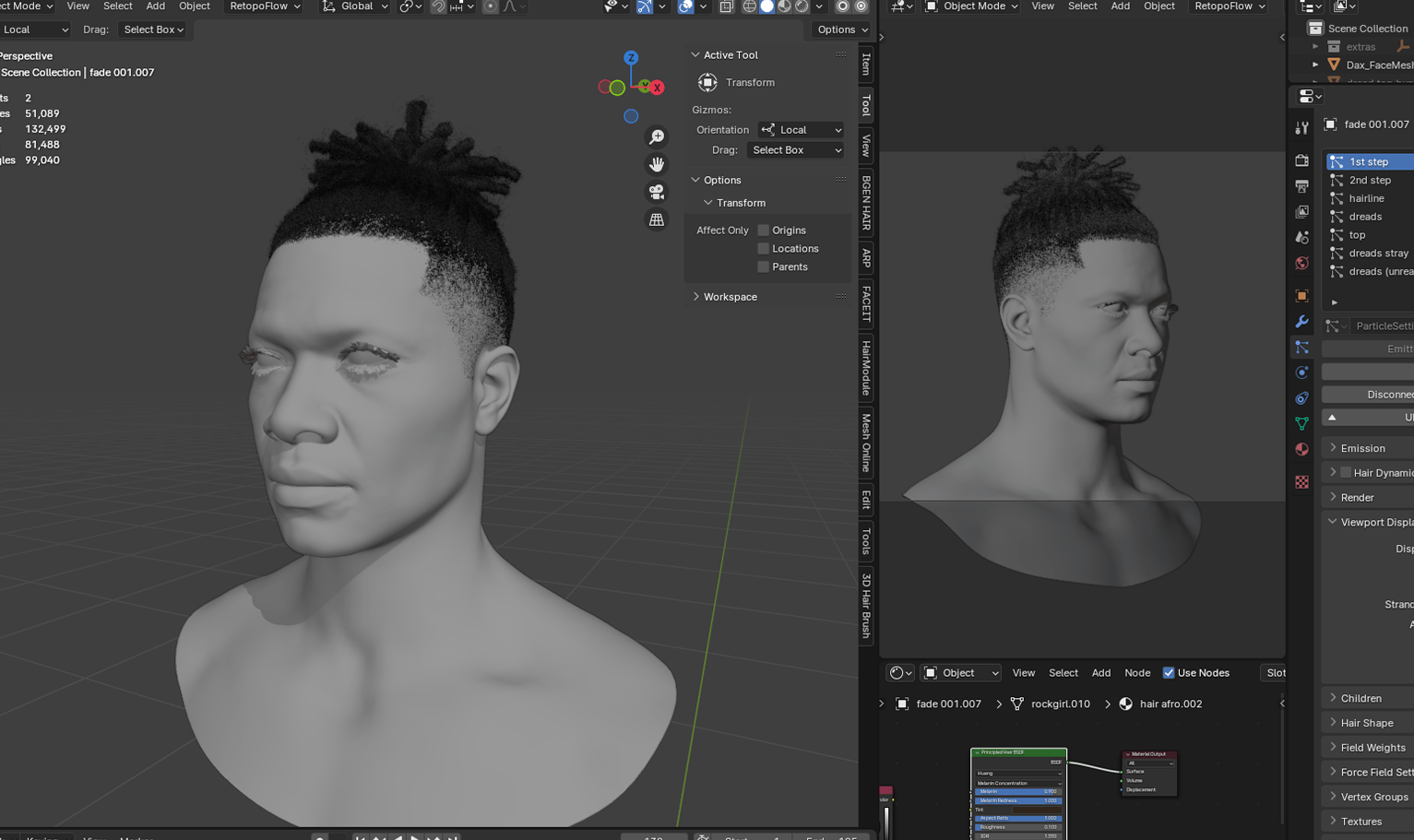 PixelHair ready-made top bun dreads fade 3D hairstyle in Blender using Blender hair particle system