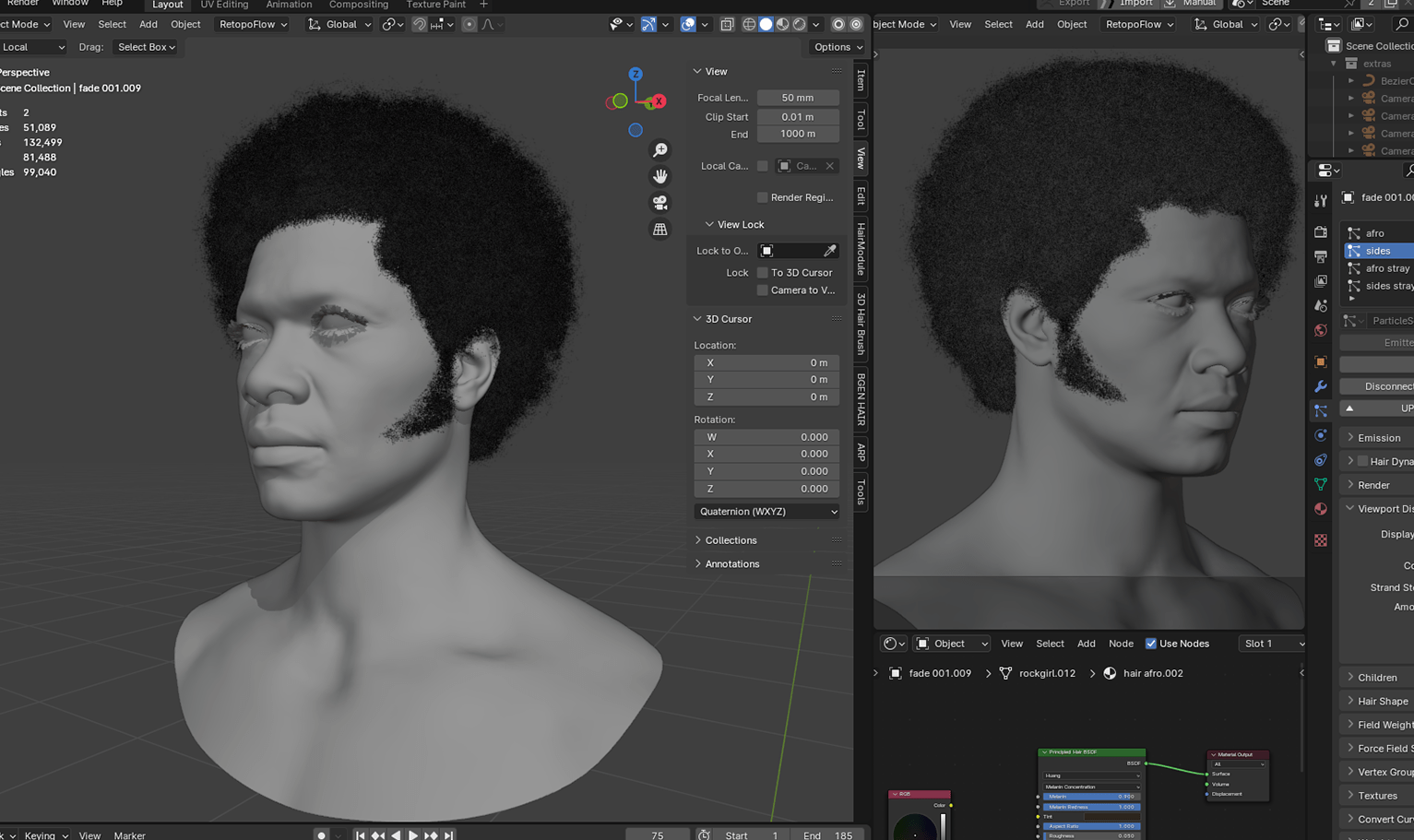 PixelHair ready-made Vintage Bob Afro 3D hairstyle in Blender using Blender hair particle system