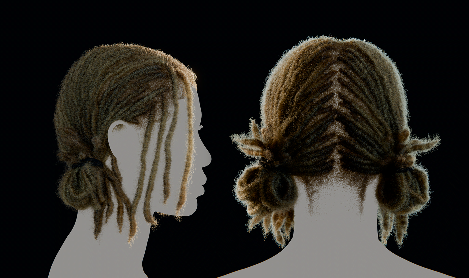 PixelHair ready-made pigtail female 3D Dreads hairstyle in Blender with blender hair particle system