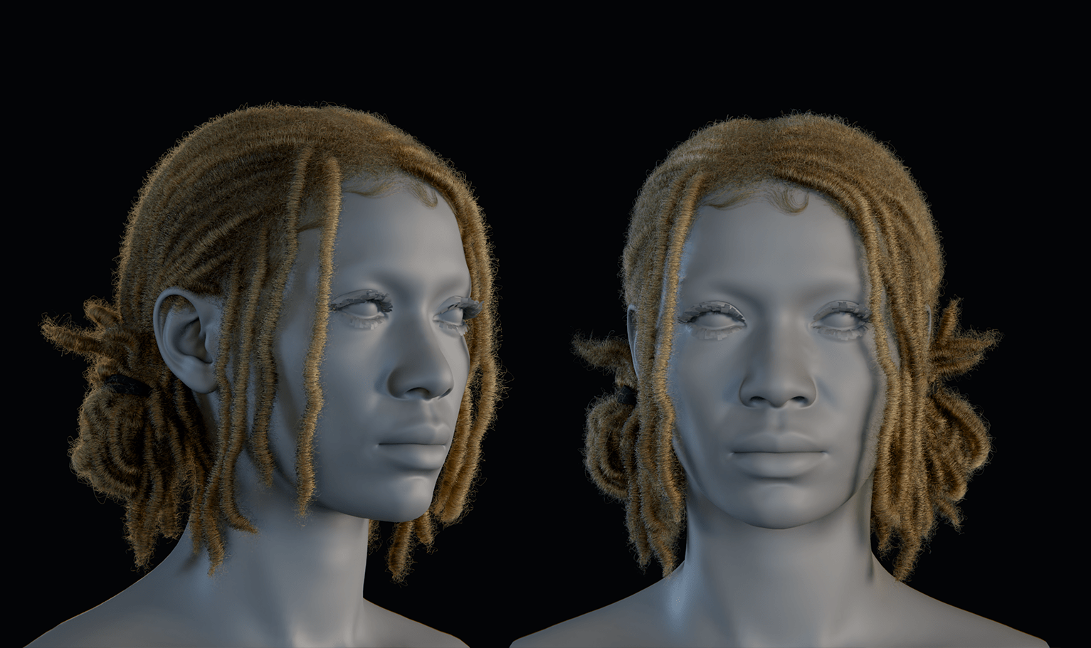 PixelHair ready-made pigtail female 3D Dreads hairstyle in Blender with blender hair particle system