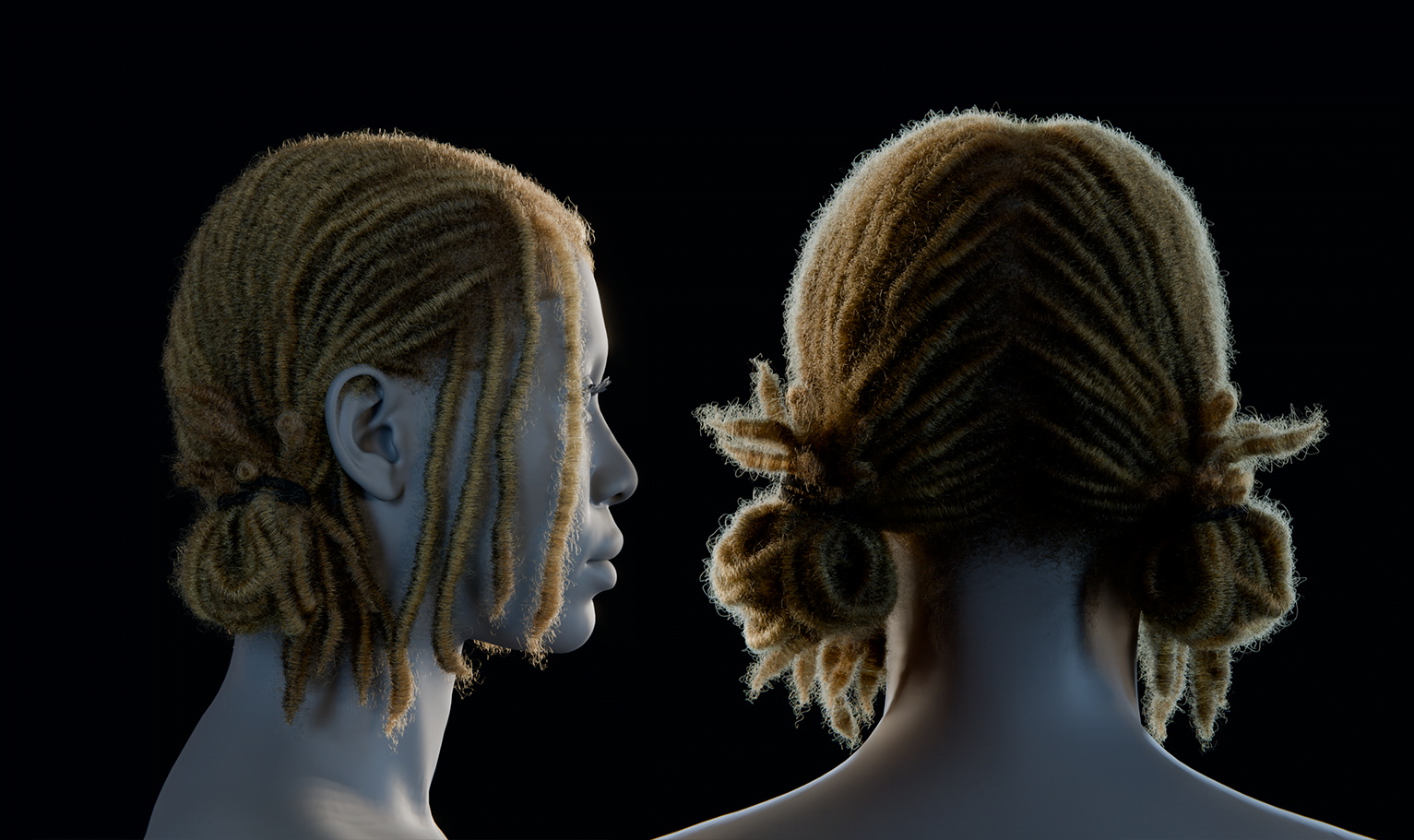 PixelHair ready-made pigtail female 3D Dreads hairstyle in Blender with blender hair particle system