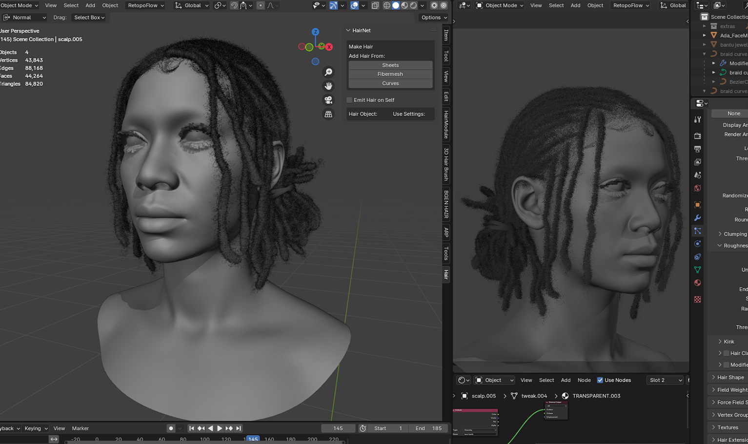 PixelHair ready-made pigtail female 3D Dreads hairstyle in Blender with blender hair particle system