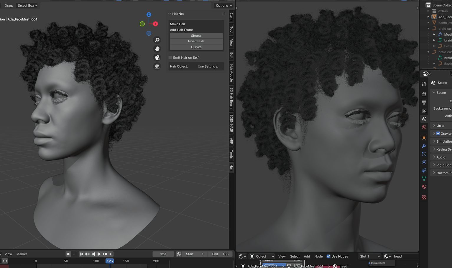 PixelHair ready-made 3D hairstyle of Halle Bailey dreads knots in Blender with hair particle system