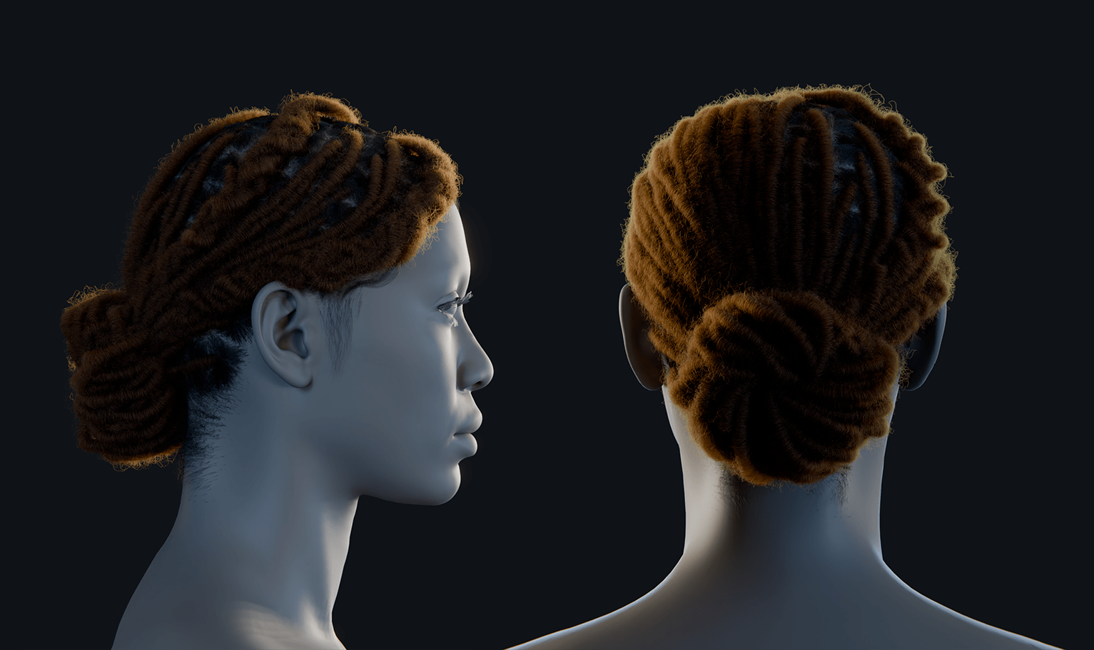 PixelHair ready-made 3D hairstyle of Halle Bailey Bun Dreads in Blender