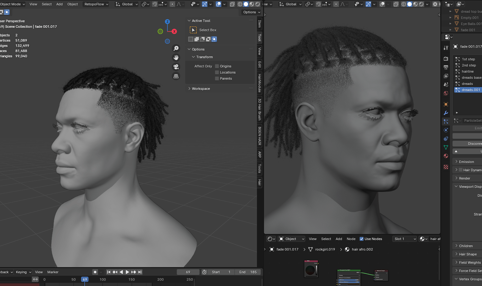 PixelHair ready-made ponytail dreads fade 3D hairstyle in Blender using hair particle system