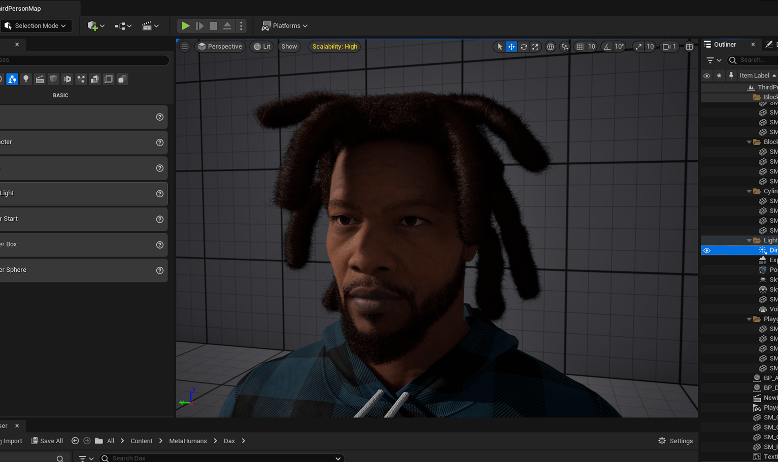 PixelHair ready-made Kodak black thick dreads 3d hairstyle on a metahuman in Unreal Engine 5