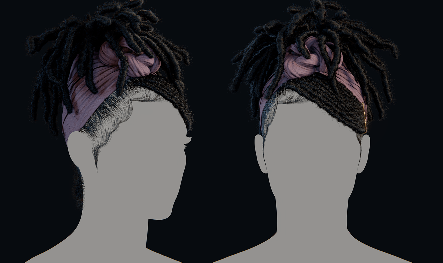 PixelHair ready-made 3D hairstyle of Dreadlocks wrapped in scarf rendered in Blender