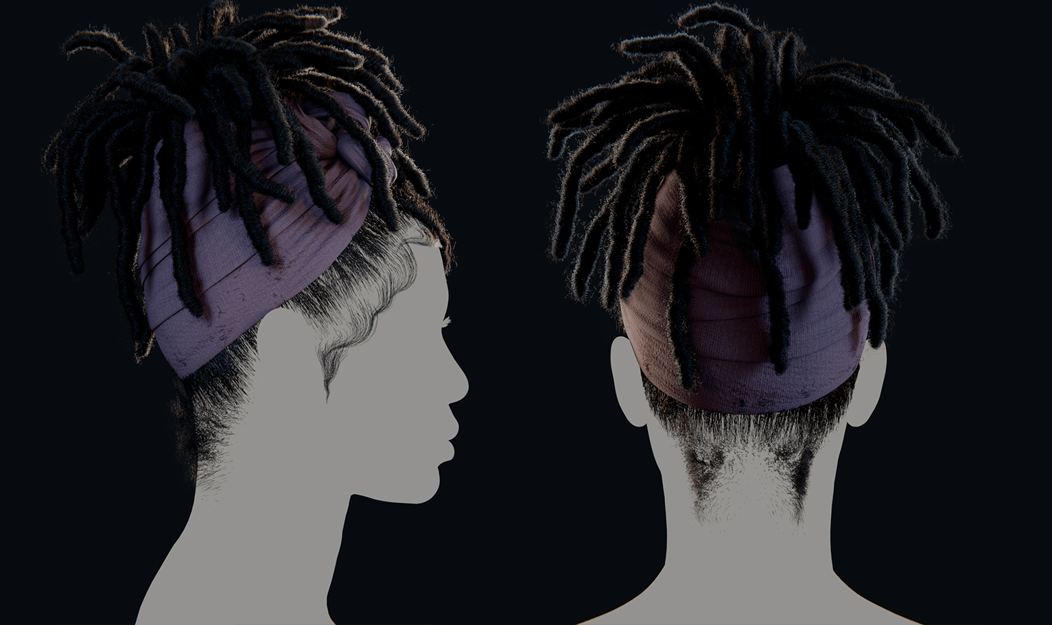 PixelHair ready-made 3D hairstyle of Dreadlocks wrapped in scarf rendered in Blender