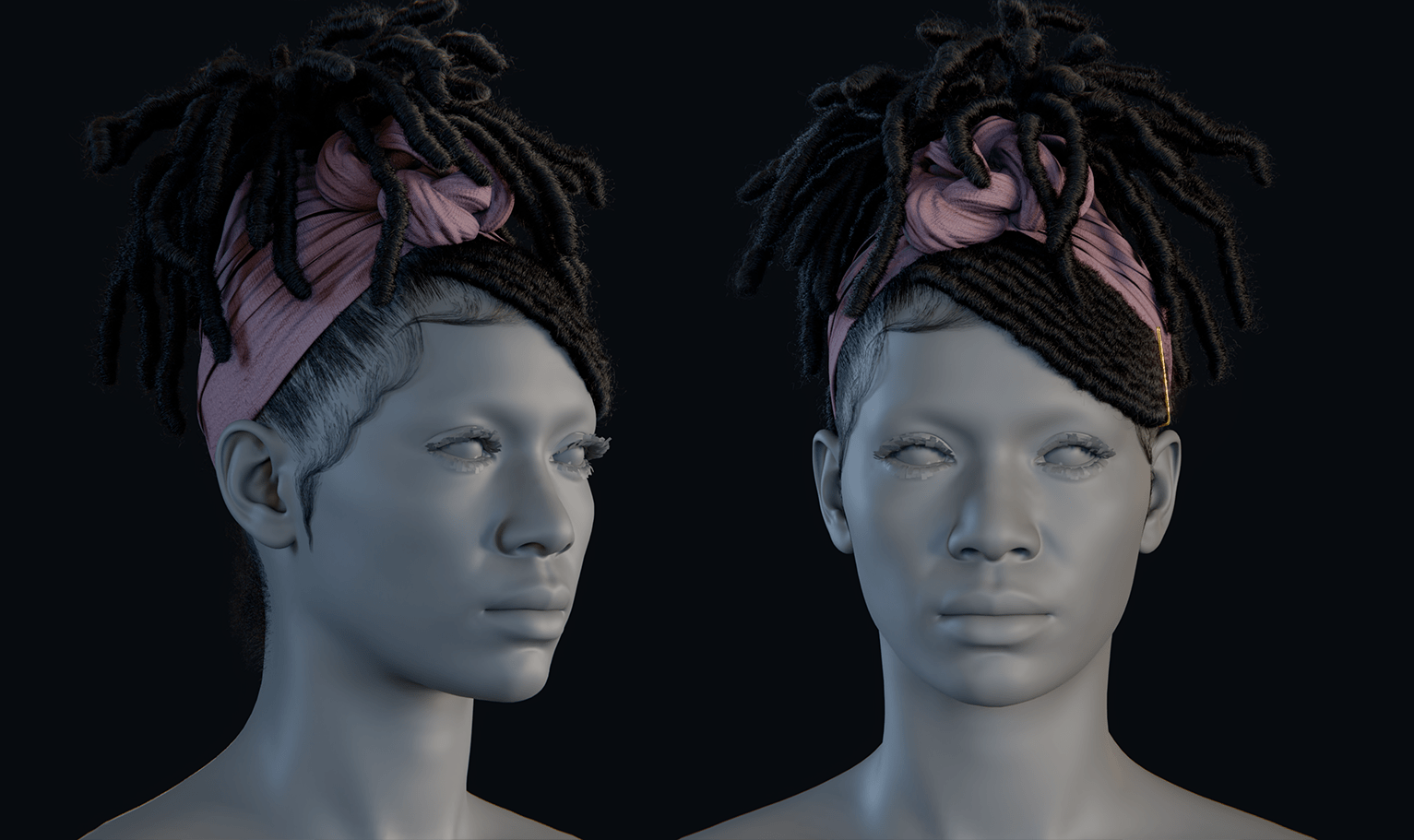 PixelHair ready-made 3D hairstyle of Dreadlocks wrapped in scarf rendered in Blender