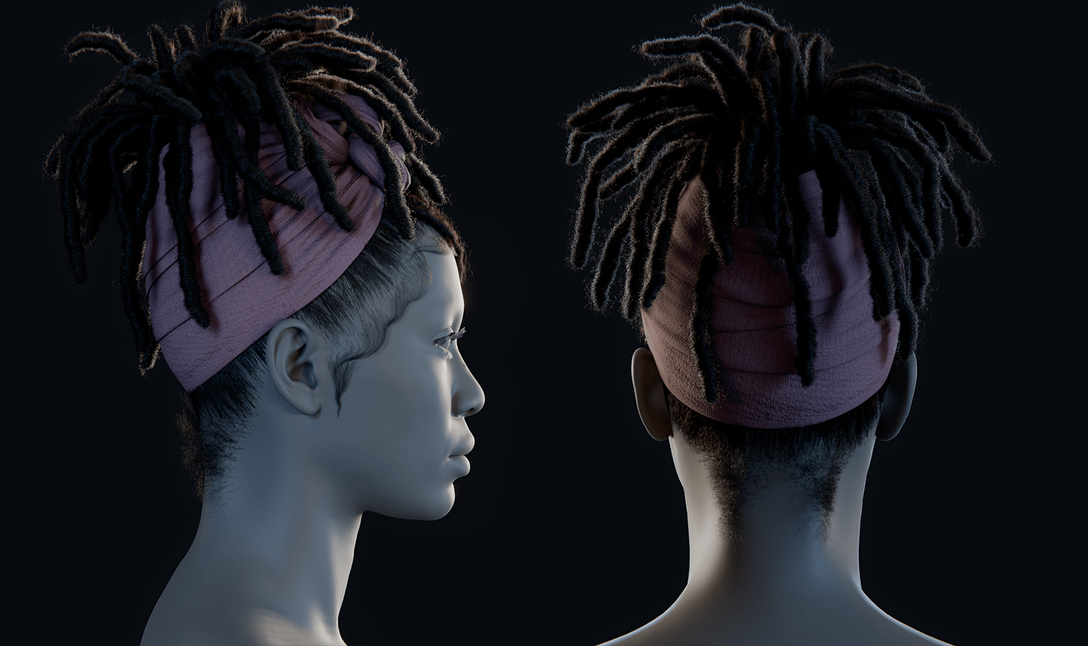 PixelHair ready-made 3D hairstyle of Dreadlocks wrapped in scarf rendered in Blender