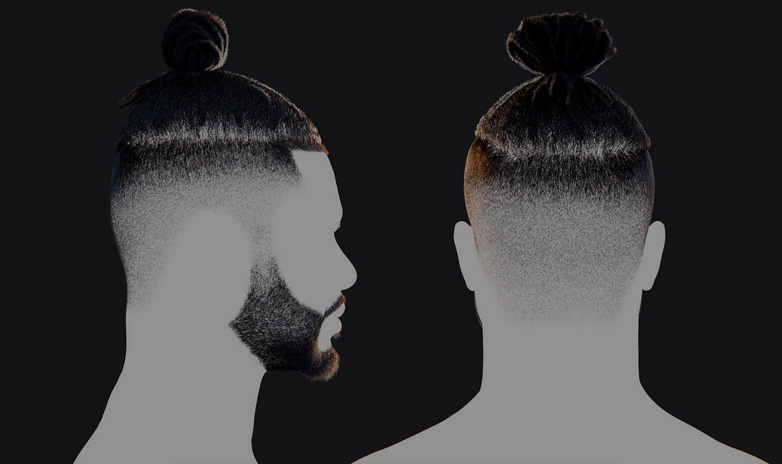 PixelHair ready-made 3D fade dreads in a bun Hairstyle in Blender