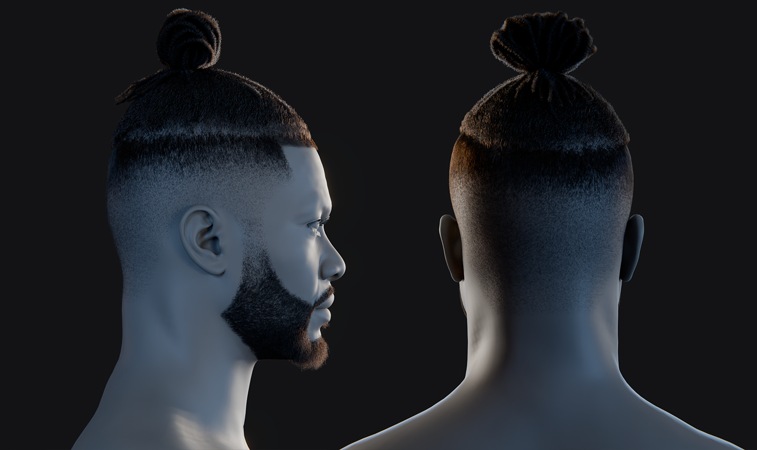 PixelHair ready-made 3D fade dreads in a bun Hairstyle in Blender