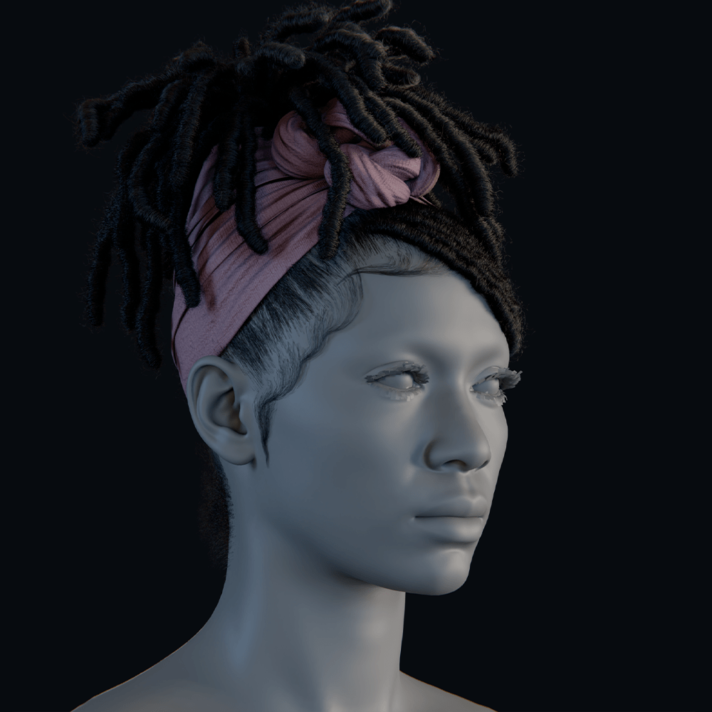 PixelHair ready-made 3D hairstyle of Dreadlocks wrapped in scarf rendered in Blender