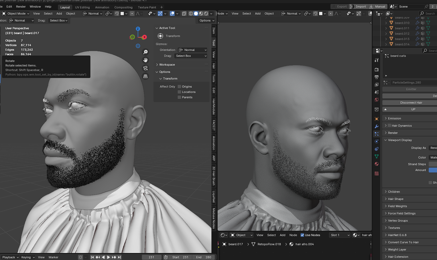 PixelHair ready-made short 3D beard in Blender using Blender hair particle system