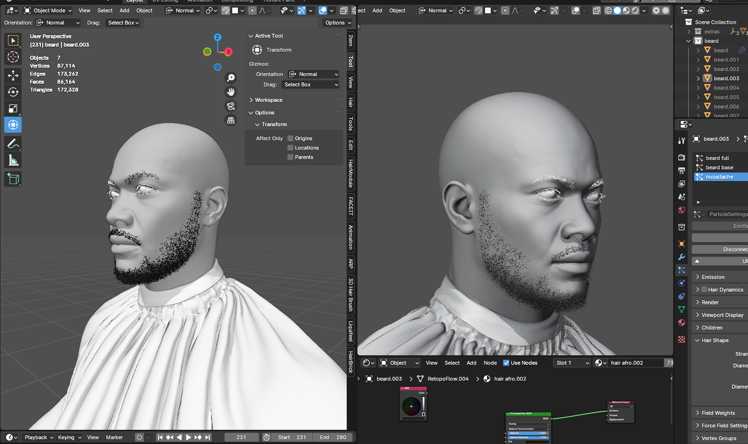 PixelHair ready-made short 3D beard in Blender using Blender hair particle system