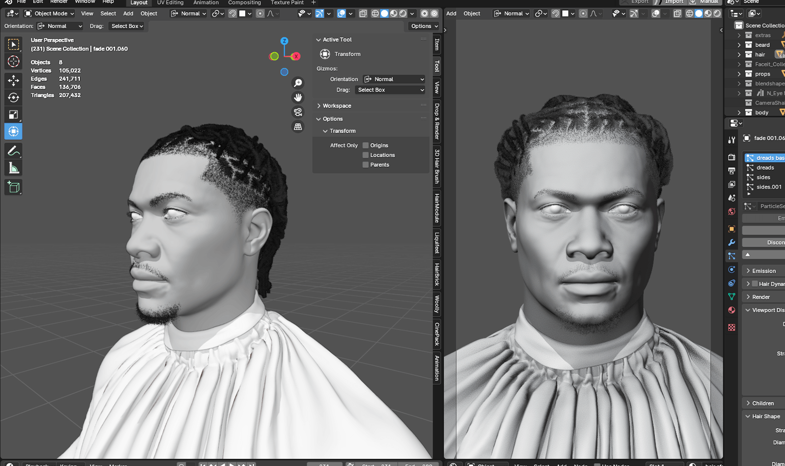 PixelHair pre-made Lil Baby Dreads Fade Taper in Blender using Blender hair particle system