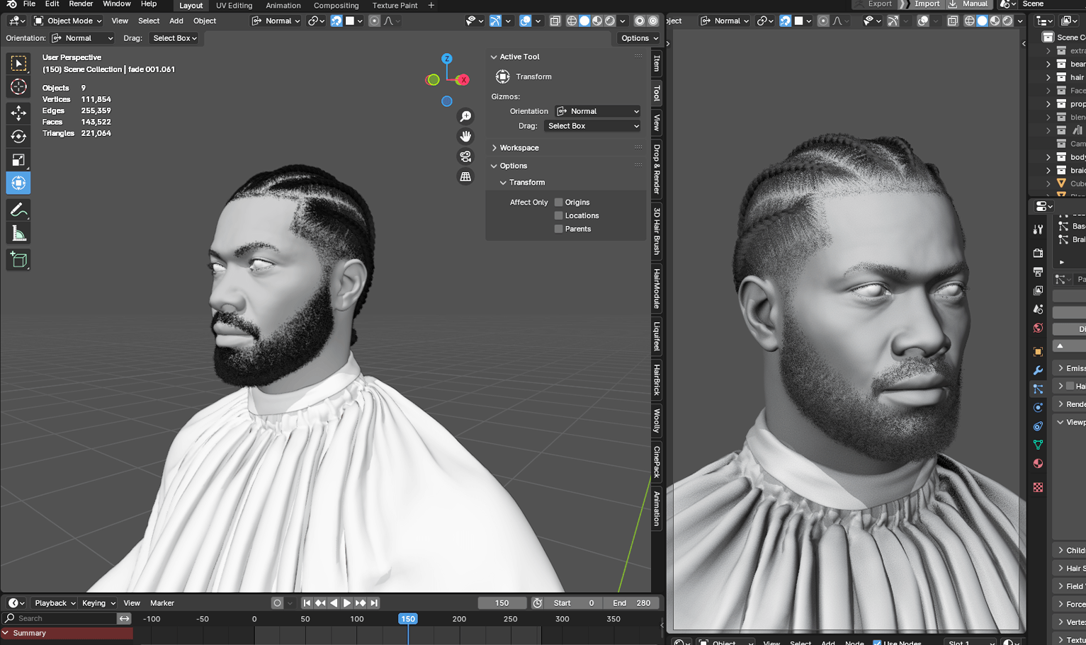 PixelHair pre-made Drake Braids Fade Taper in Blender using Blender hair particle system