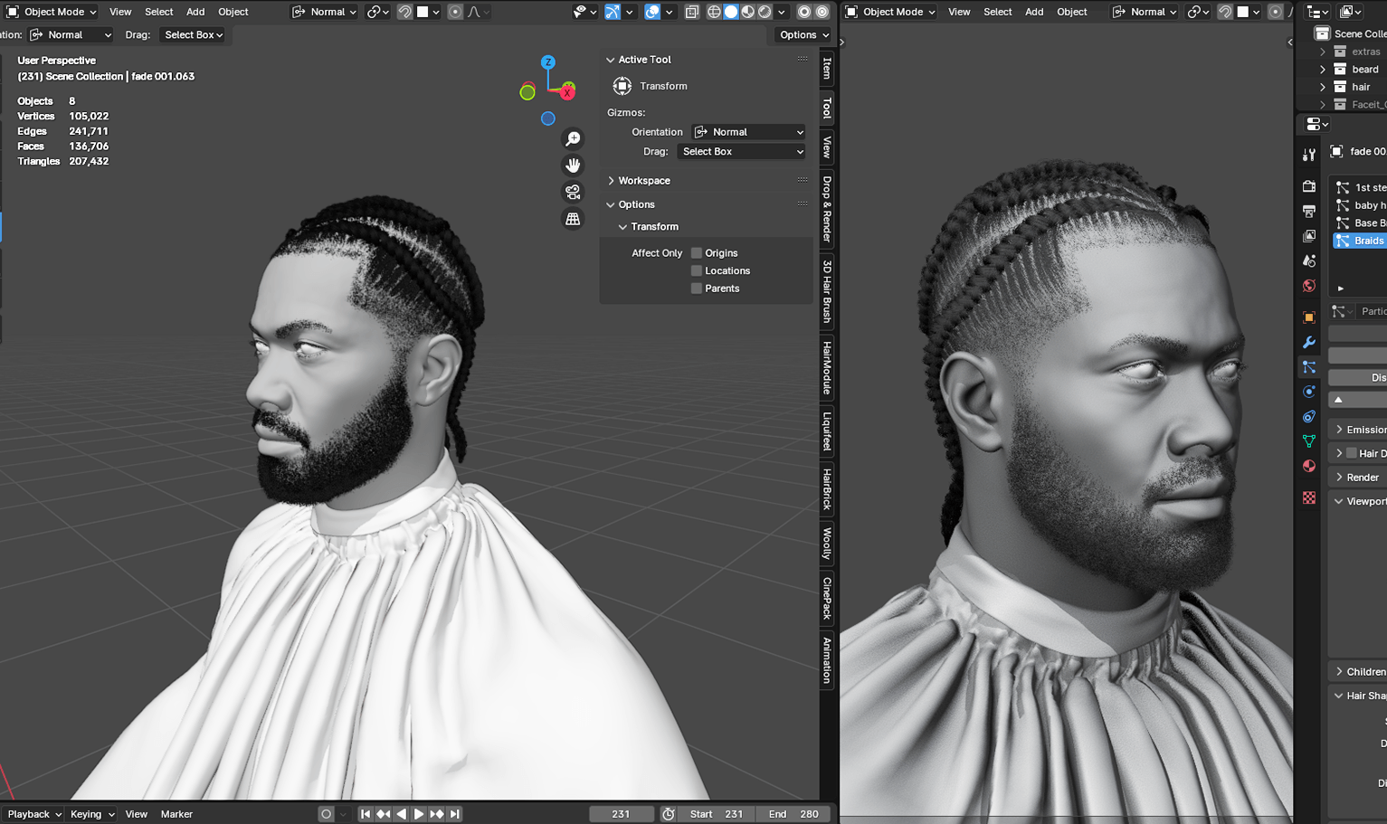 PixelHair pre-made Drake Braids Fade Taper in Blender using Blender hair particle system