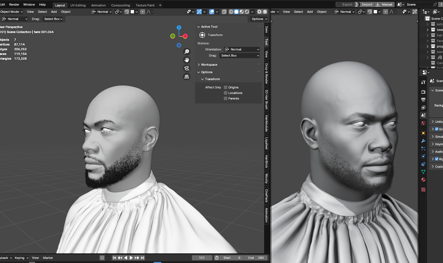 PixelHair ready-made Chadwick Boseman full 3D beard in Blender using Blender hair particle system