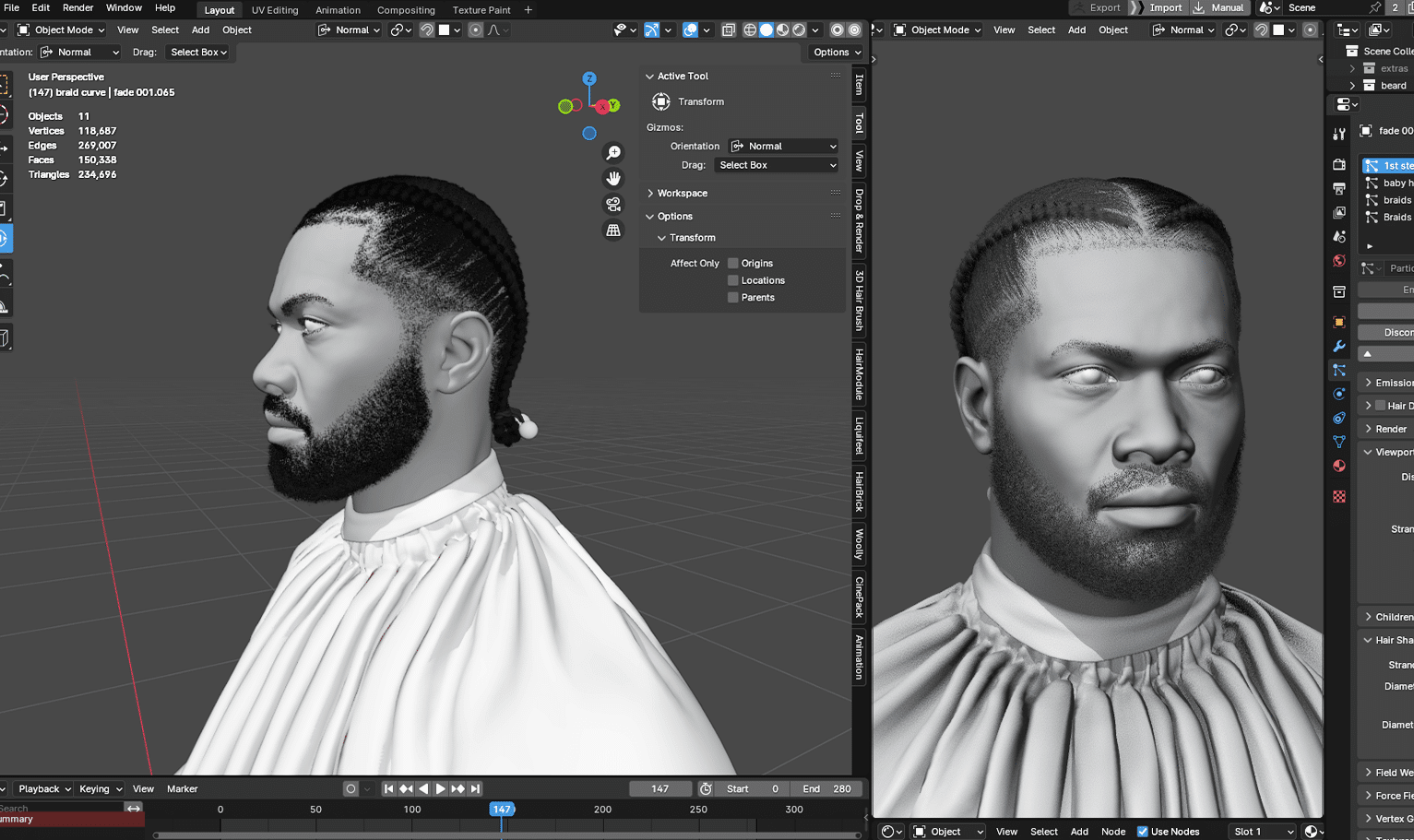 PixelHair pre-made Drake Double Braids Fade Taper in Blender using Blender hair particle system