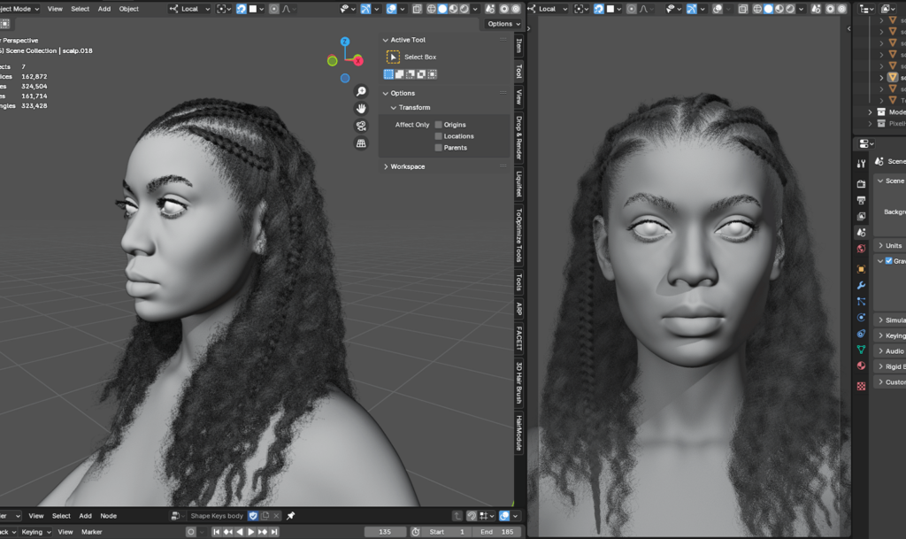 Pixelhair pre-made female 3d character curly braided afro in blender using blender hair particle system