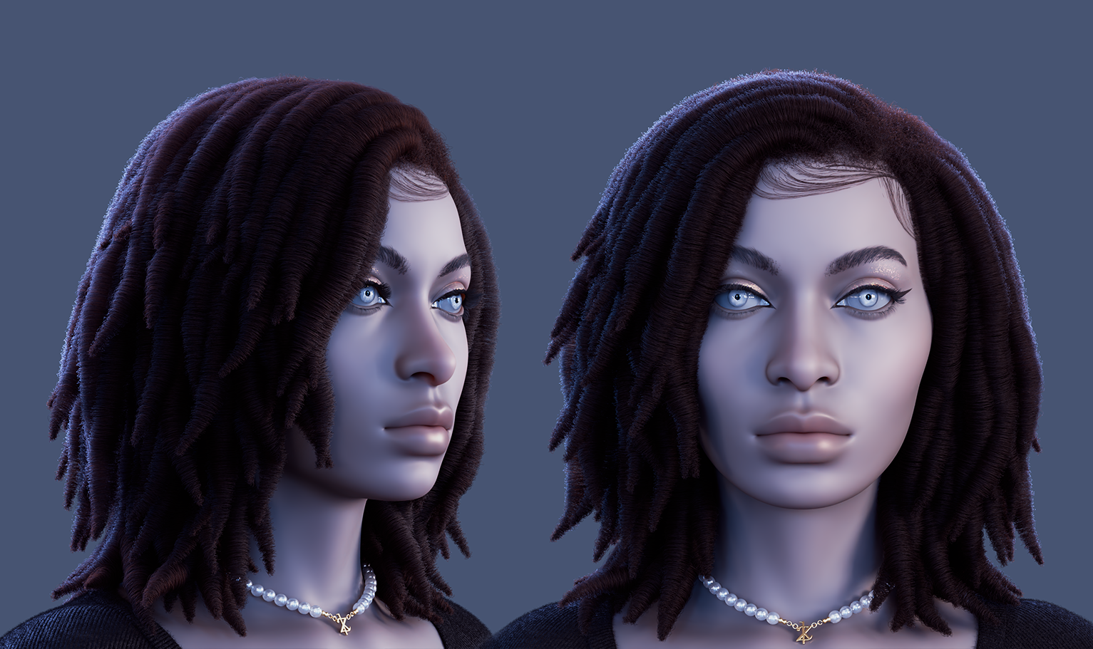 yelzkizi PixelHair Realistic female 3d character full dreads 4c hair in Blender using Blender hair particle system