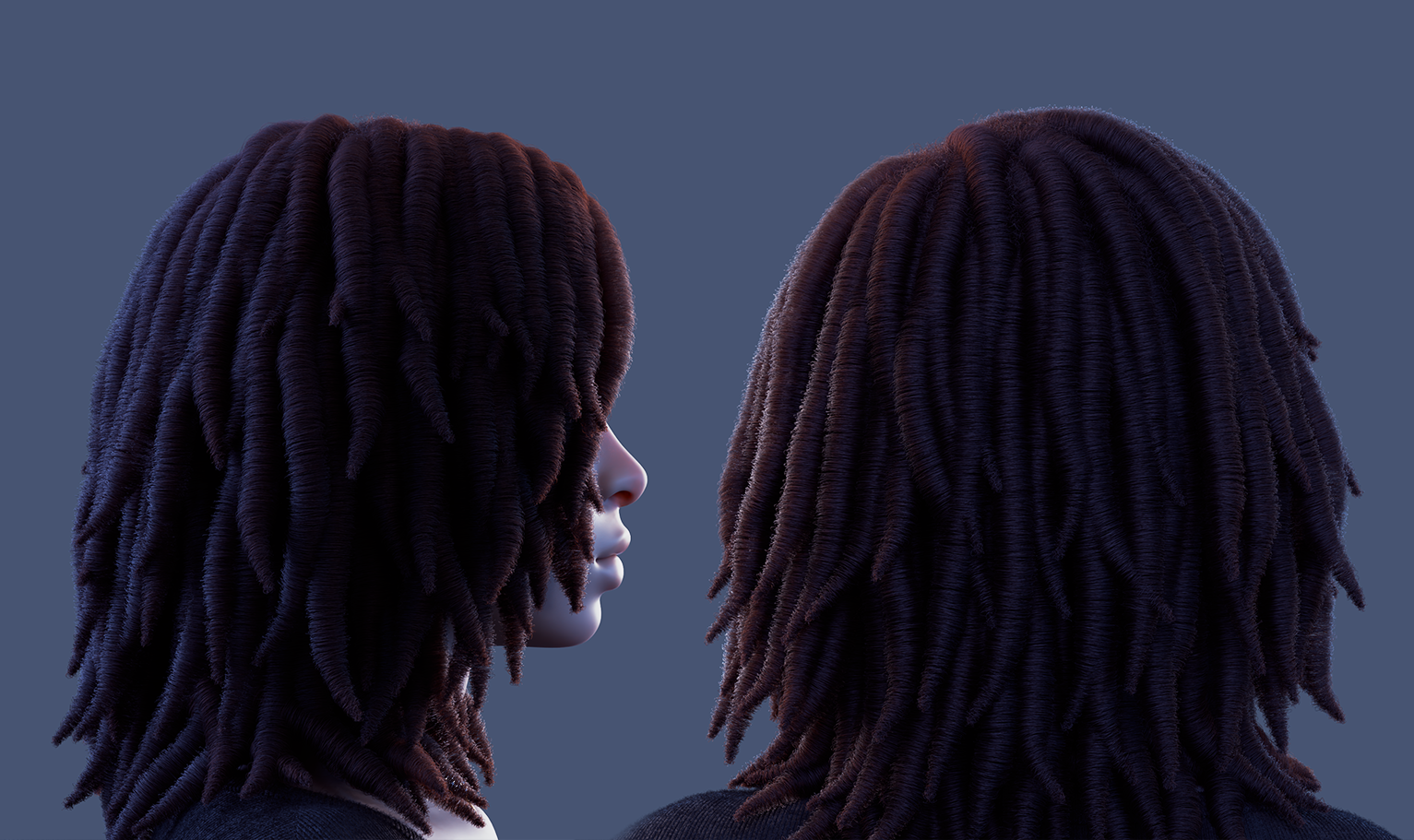 yelzkizi PixelHair Realistic female 3d character full dreads 4c hair in Blender using Blender hair particle system