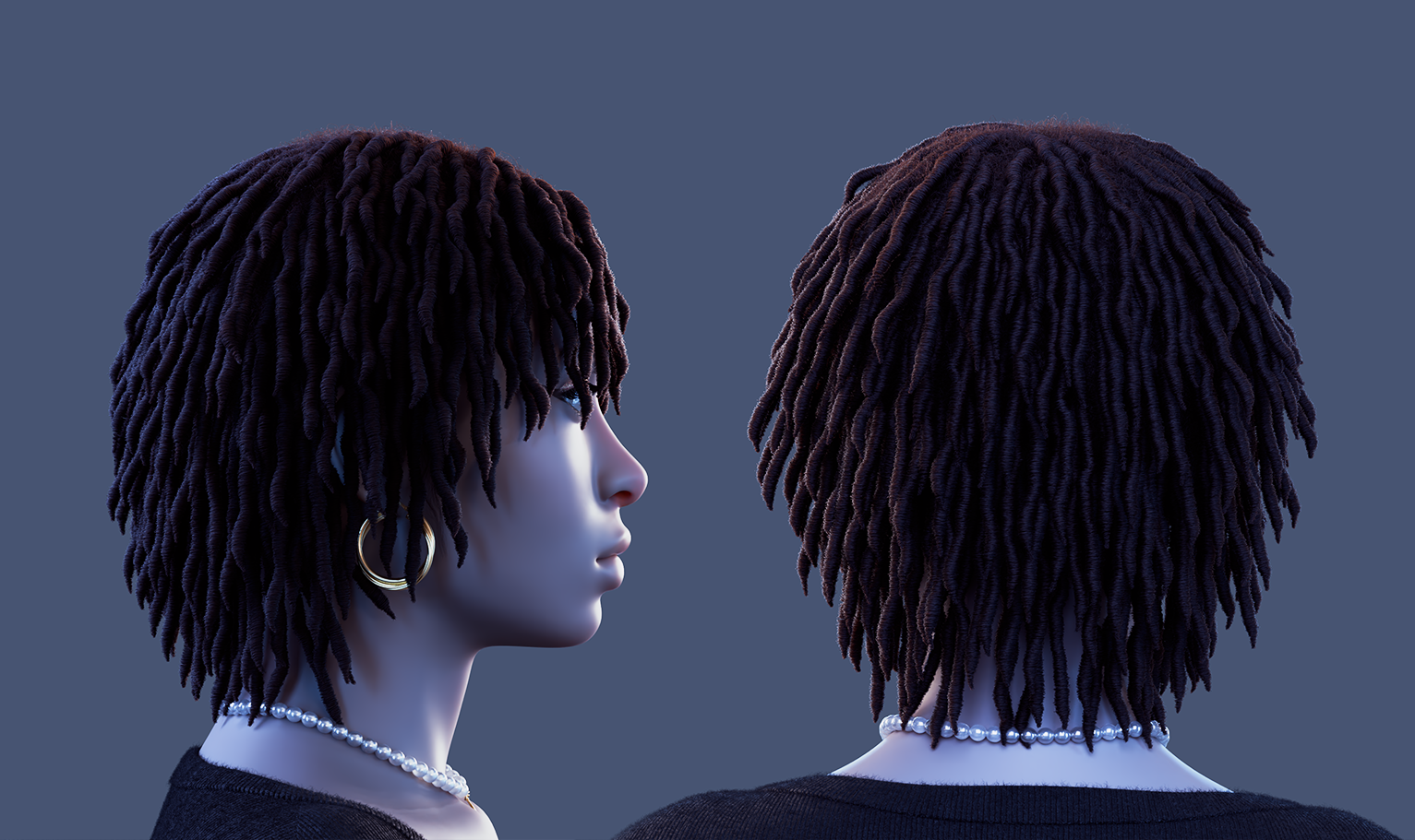 yelzkizi PixelHair Realistic female 3d character curly dreads 4c hair in Blender using Blender hair particle system