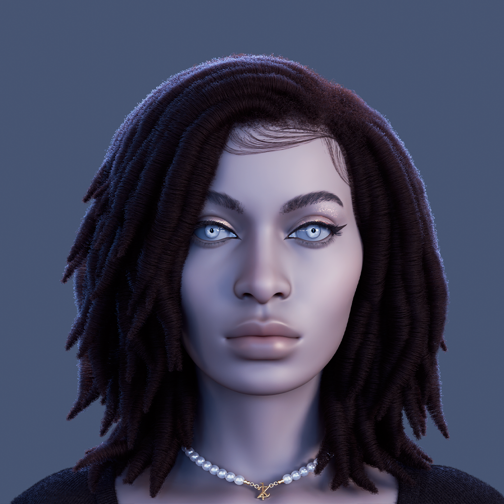 Yelzkizi pixelhair realistic female 3d character full dreads 4c hair in blender using blender hair particle system
