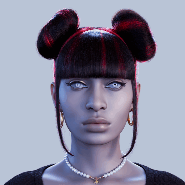 yelzkizi PixelHair Realistic female 3d character Cardi B Double Bun Pigtail with bangs and   middle parting 3d hair in Blender using Blender hair particle system