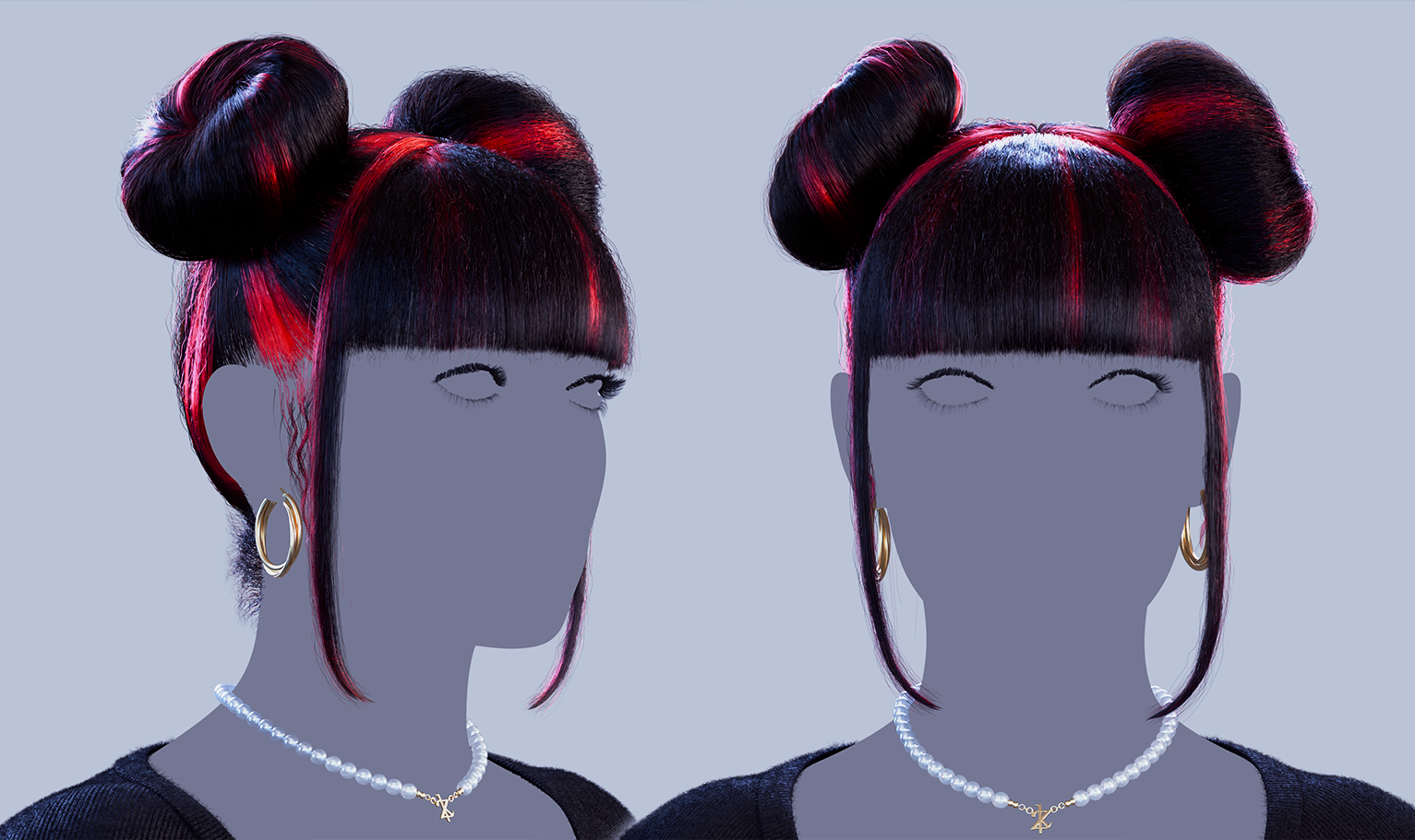 yelzkizi PixelHair Realistic female 3d character Cardi B Double Bun Pigtail with bangs and middle parting 3d hair in Blender using Blender hair particle system