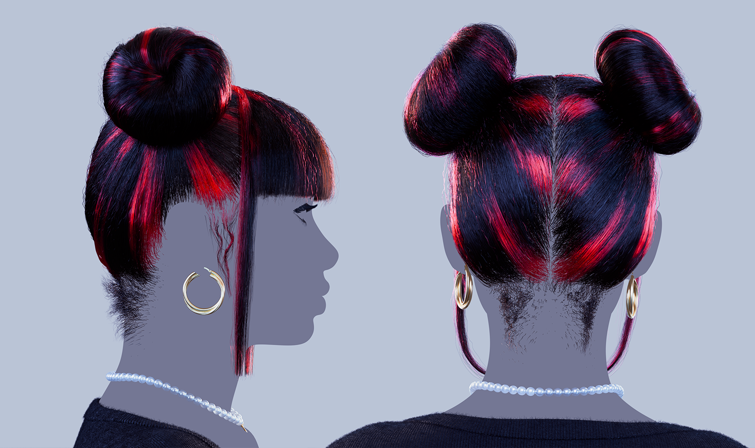 yelzkizi PixelHair Realistic female 3d character Cardi B Double Bun Pigtail with bangs and middle parting 3d hair in Blender using Blender hair particle system
