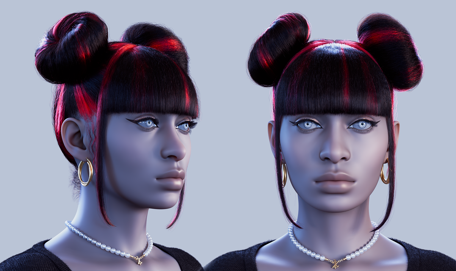 yelzkizi PixelHair Realistic female 3d character Cardi B Double Bun Pigtail with bangs and middle parting 3d hair in Blender using Blender hair particle system