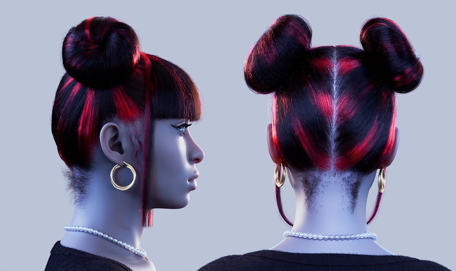 yelzkizi PixelHair Realistic female 3d character Cardi B Double Bun Pigtail with bangs and middle parting 3d hair in Blender using Blender hair particle system