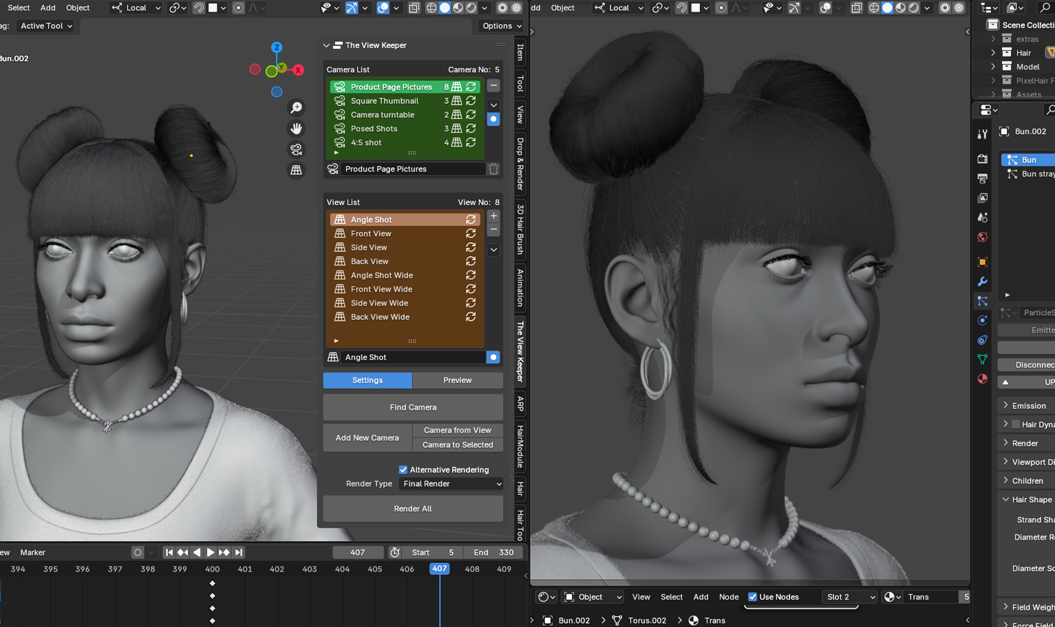 yelzkizi PixelHair Realistic female 3d character Cardi B Double Bun Pigtail with bangs and middle parting 3d hair in Blender using Blender hair particle system
