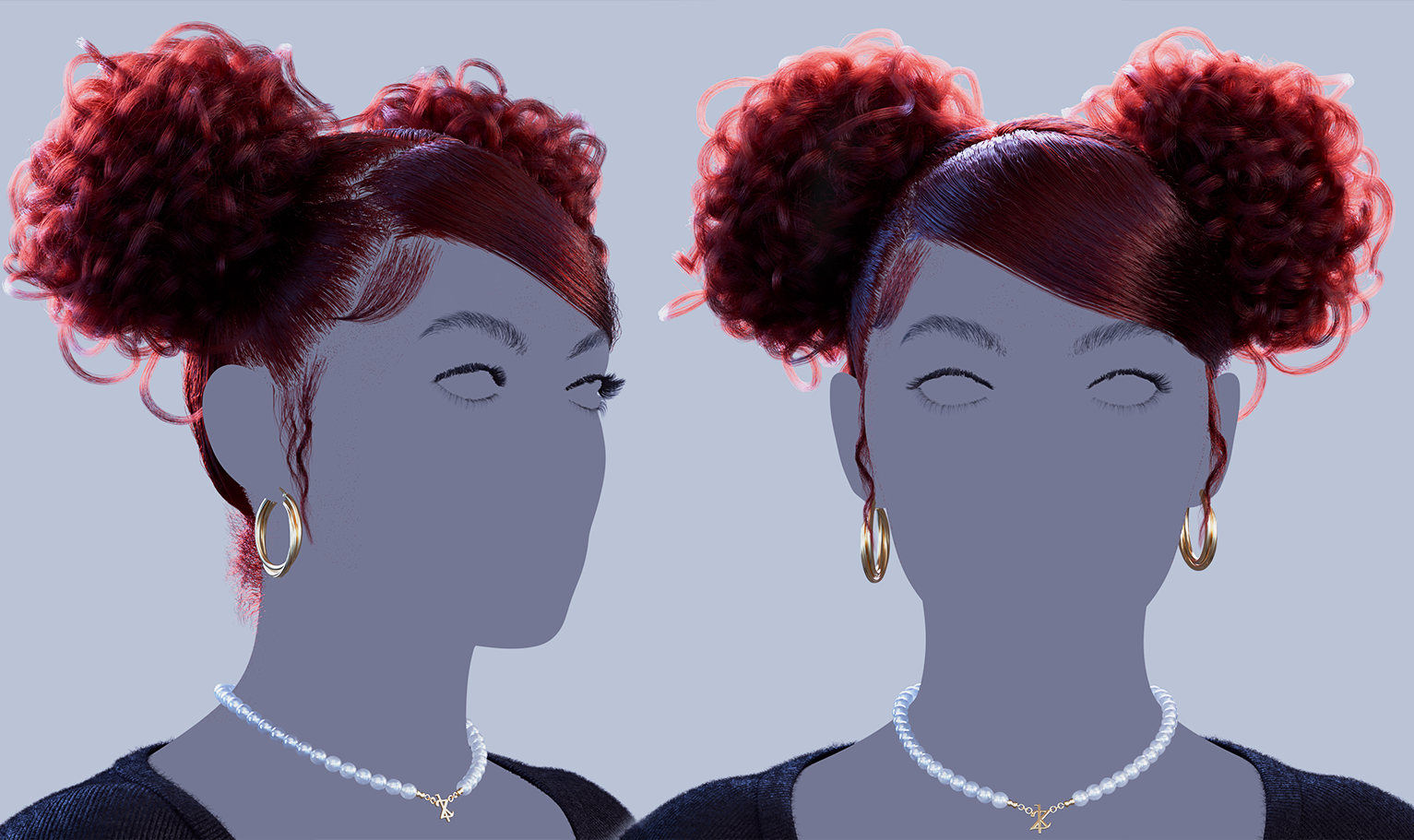 yelzkizi PixelHair Realistic female 3d character Cardi B red curly bun pigtail with bangs style 3d hair in Blender using Blender hair particle system
