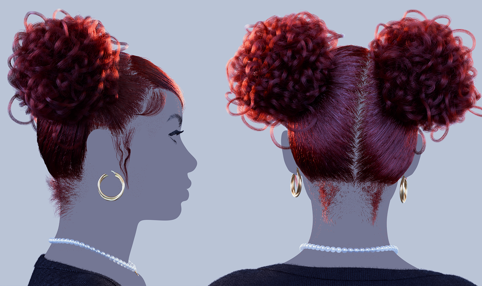 yelzkizi PixelHair Realistic female 3d character Cardi B red curly bun pigtail with bangs style 3d hair in Blender using Blender hair particle system