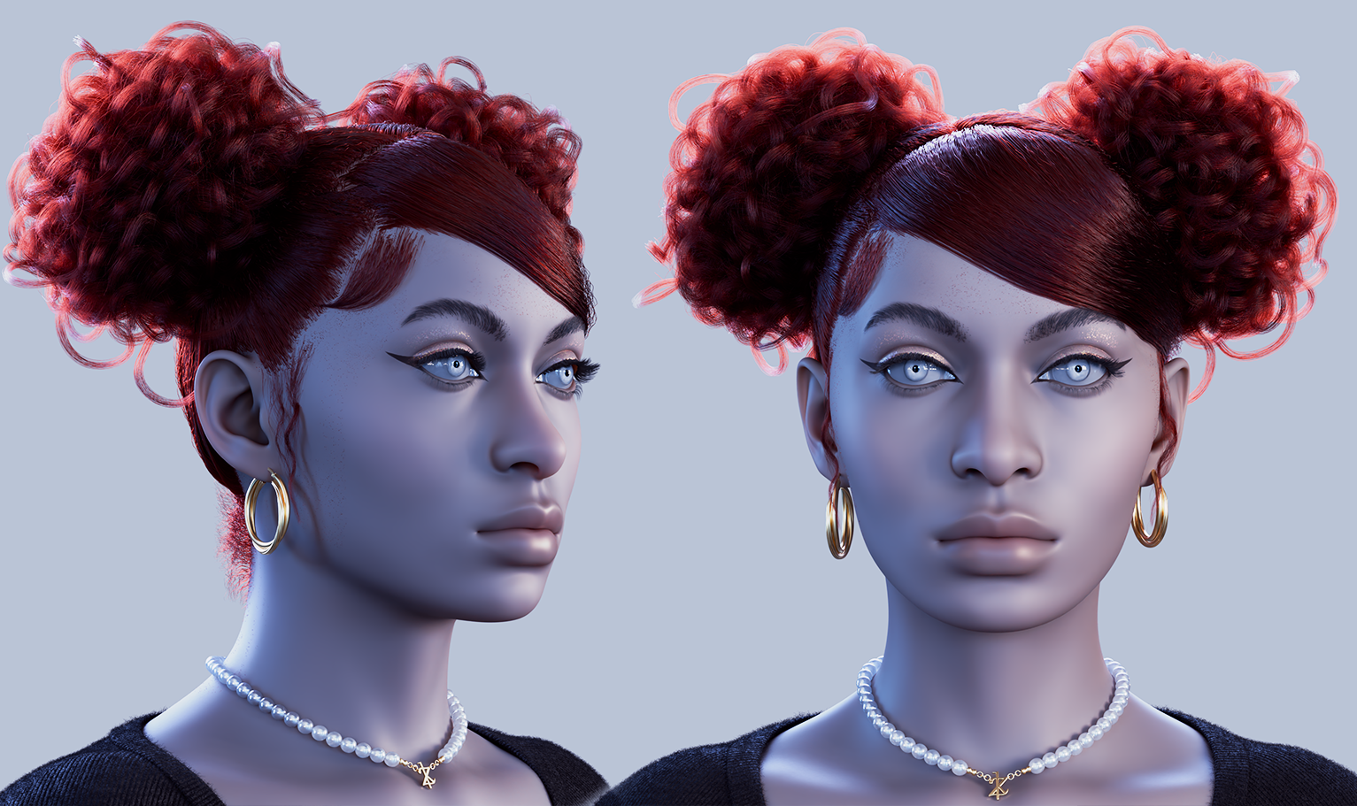 yelzkizi PixelHair Realistic female 3d character Cardi B red curly bun pigtail with bangs style 3d hair in Blender using Blender hair particle system
