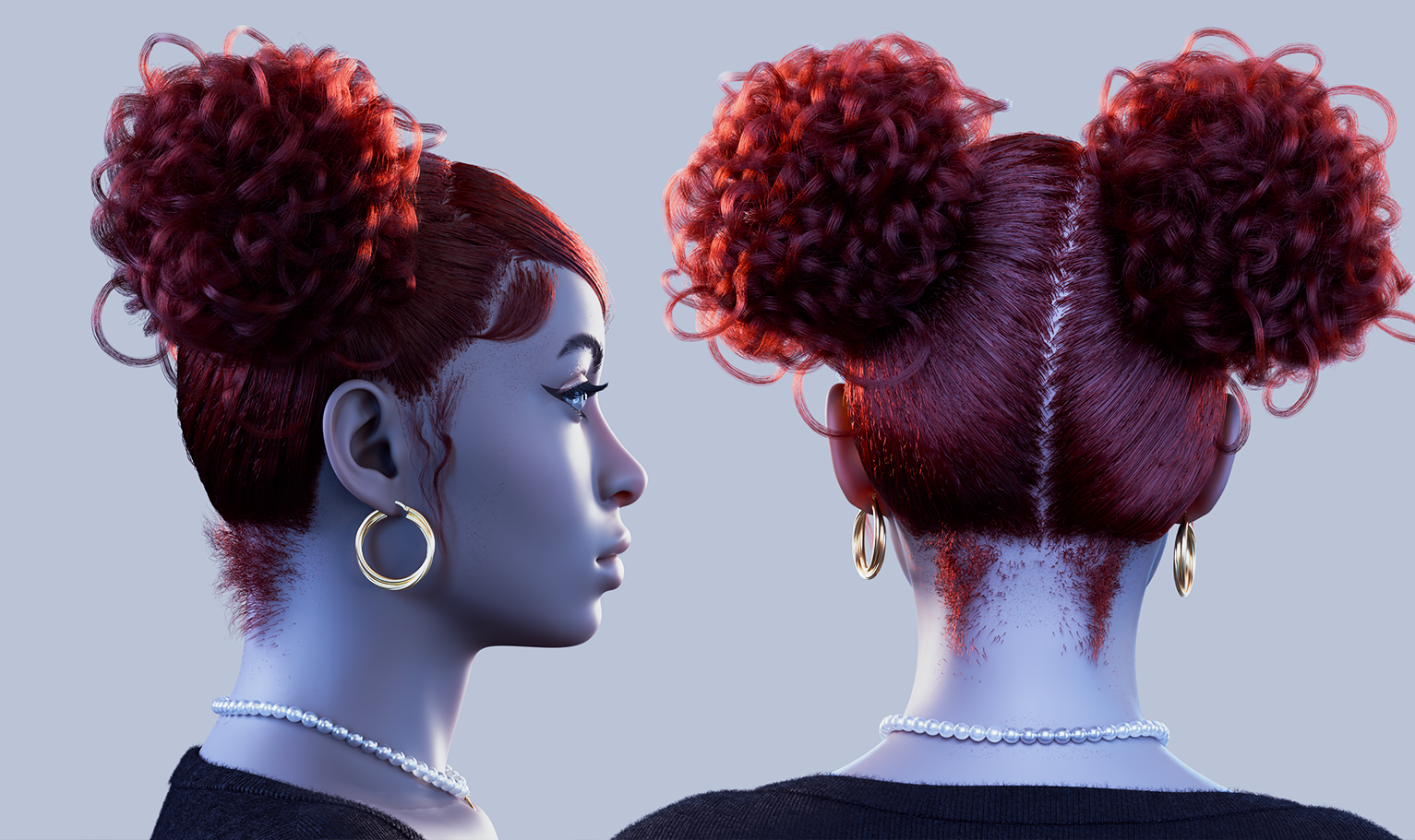 yelzkizi PixelHair Realistic female 3d character Cardi B red curly bun pigtail with bangs style 3d hair in Blender using Blender hair particle system