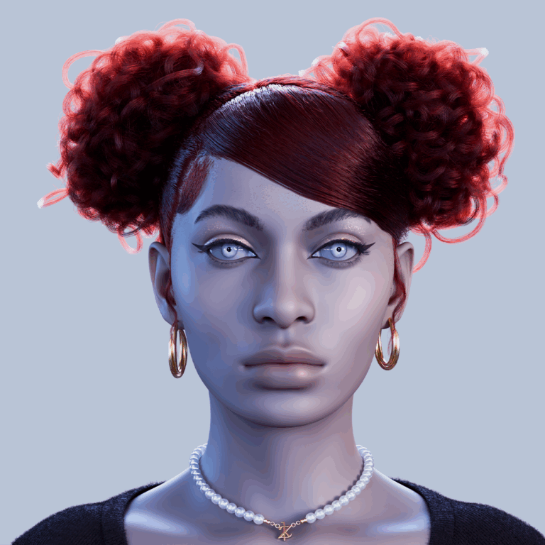 yelzkizi PixelHair Realistic female 3d character Cardi B red curly bun pigtail with bangs style 3d hair in Blender using Blender hair particle system